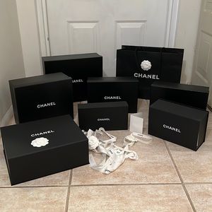 AUTHENTIC Chanel Bundle of 7 boxes, shopping bag, ribbons and tissue paper.